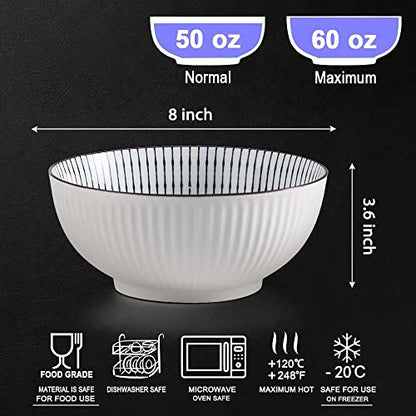Houlu 60 oz Pho Bowls, Large Soup Bowl, Japanese Ramen Bowl Set, 8 inches Big Porcelain Bowls Set of 3, Striped Pattern - color: Striped Pattern