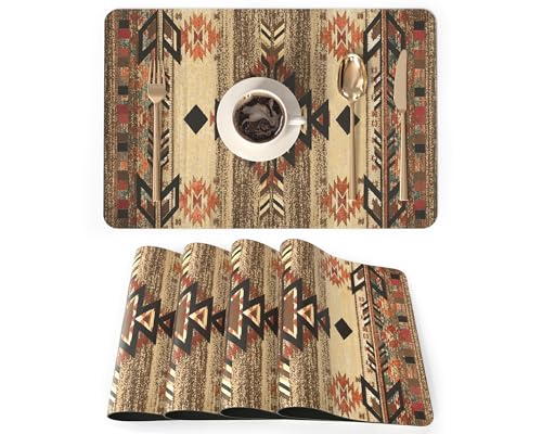 QIYI PU Leather Placemats Set of 4, 12"x18" Waterproof Table Mats, Folk Geo | Faux Leather, Heat Resistant, Anti Slip, Wipeable Place Mats for Kitchen Dinning, Party Table Décor, Geometric Motifs - color: Geometric Motifs, size: Set of 4