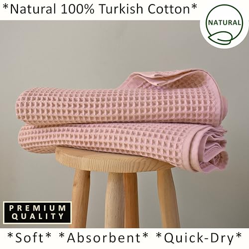 PÜSKÜL 2-Piece Natural 100% Turkish Cotton Waffle Bath Towels Extra-Large | Pink Powder 32x63" Bath Sheet Towel Light Soft Absorbent Quick-Dry Lint-Free Premium Honeycomb Weave Oeko-Tex Made in Turkiye - color: Pink Powder