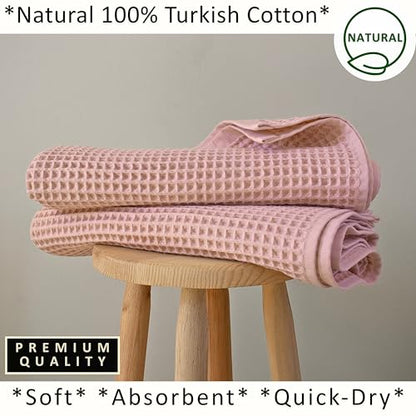 PÜSKÜL 2-Piece Natural 100% Turkish Cotton Waffle Bath Towels Extra-Large | Pink Powder 32x63" Bath Sheet Towel Light Soft Absorbent Quick-Dry Lint-Free Premium Honeycomb Weave Oeko-Tex Made in Turkiye - color: Pink Powder