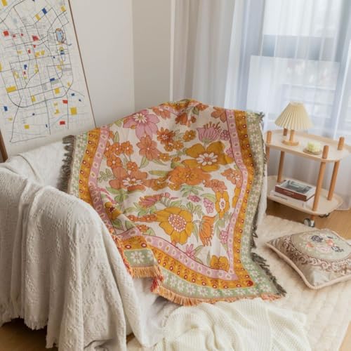 Versatile Floral Throw Blanket - Soft, Breathable Cotton for Couch & Bed, Decorative Art Style, Machine Washable