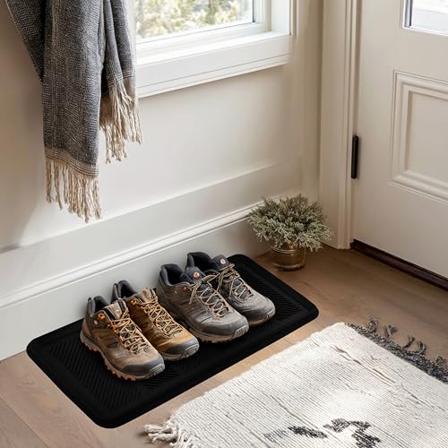 Croft&Cane Rubber Boot Tray - 2 Pack Black 16x32 inch Waterproof Shoe Tray | Heavy Duty Big Foot Indoor Outdoor Boot Mat with Raised Edges - Slip Resistant Entryway Garage Pet Feeding Multi-Purpose Mat - size: 2 Pack Boot Tray-16x32 Inches