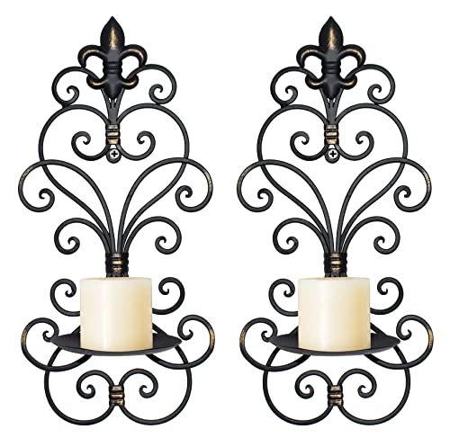 Wall Sconces Candle Holder Set of 2, Metal Wall Decorations Hanging Wall Mounted Candle Sconces for Living Room Dining Room, Black with Gold (Black with Gold) - color: Antique Black-1