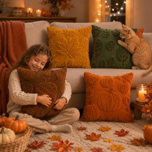Tiamon 4 Pcs Fall Throw Pillow Covers 18 x 18 Inch Autumn Pillow Cases 3D Embroidered Pumpkin Leaf Plush Fluffy Faux Fur Cushion Covers for Thanksgiving Harvest Decoration Farmhouse Home Sofa Couch - style: Fall B
