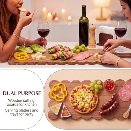 24"x 8" Long Scalloped Charcuterie Board Large Acacia Wooden Cheese Board with Handle & Rope Hanger Decorative Serving Platter for Snacks Appetizers, Housewarming & Entertaining Gift - size: 24"x8"
