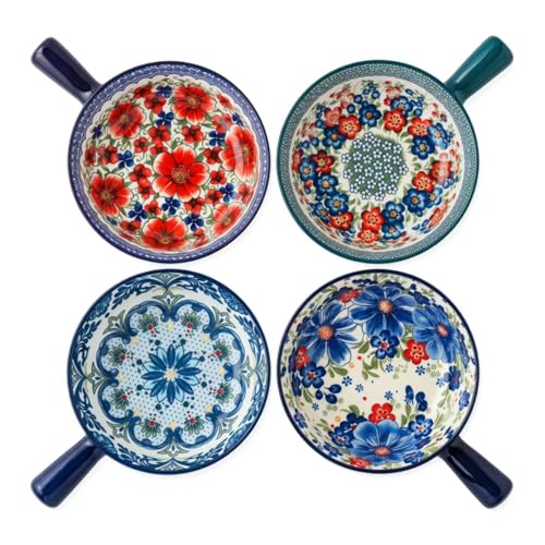 Boho Floral Ceramic Soup Bowls with Handles, 21oz Microwave Oven Safe Set of 4 for Stew, Pasta and Chili ﻿ - color: Assorted Multicolor