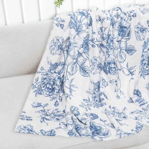 JarThenaAMCS Floral Fuzzy Blanket Blue Flower Throw Blanket Decorative Soft Cozy Flannel Blankets for Home Bed Sofa Couch Chair, 60 x 70 Inch - size: 60 x 70 Inch