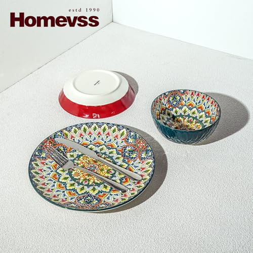 Boho 10 Pieces Dinnerware Sets, Plates and Bowls Set, Porcelain Dishes Set for 2, Microwave and Dishwasher Safe, Scratch Resistant, Bohemian Style Dining Ware, Mixed Colors of Green & Red - color: Mixed 1