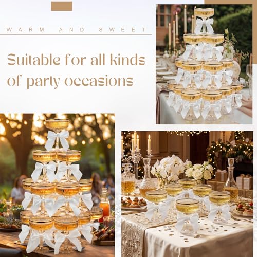 Set of 24 Plastic Champagne Coupe Glasses with Bow 7 oz Gold Champagne Tower Set Stackable Acrylic Ribbed Martini Glasses Cocktail Coupe Cup for Wedding Birthday Party Bar(Ribbon,White) - color: White, style: Ribbon