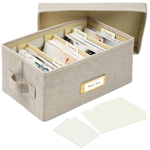 Collapsible Photo Storage Box, Adjustable Dividers - Beige, 28cm | Holds 850 Photos, Hook & Loop Dividers, Handle, Label Stickers - color: Beige, size: 11.22"x6.89"x5.12"