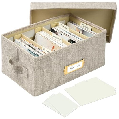 Collapsible Photo Storage Box, Adjustable Dividers - Beige, 28cm | Holds 850 Photos, Hook & Loop Dividers, Handle, Label Stickers - color: Beige, size: 11.22"x6.89"x5.12"