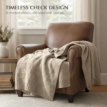 EVERGRACEHOME Modern Checkered Chenille Throw Blanket, 50x60, Sand Dune | Lightweight Warmth, All-Season Breathability, OEKO-TEX certified, Timeless Grid Pattern, Farmhouse Throw for Couch, Bed, Sofa - color: Sand Dune, size: 50" X 60"