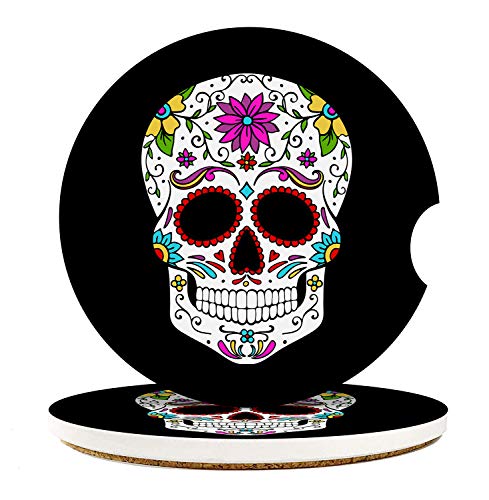 Car Coasters for Drinks, 2 Pcs Ceramic Stone 2.56 Inch, Skull | Sugar Skull Skeleton Absorbent Non-Scratch Cork Base Cupholder Auto Accessories for Women Men - color: Sugar Skull