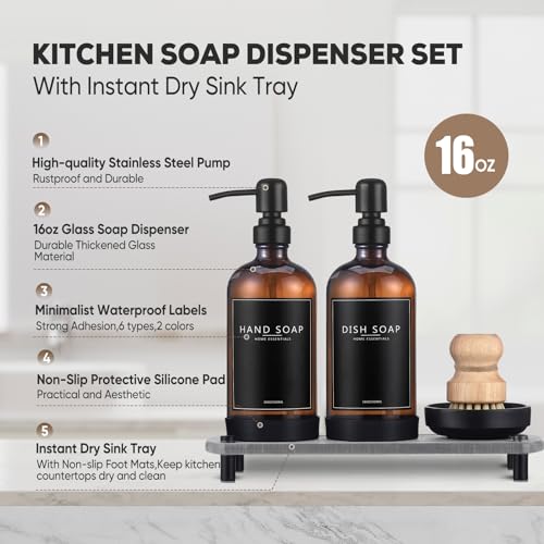 Kitchen Soap Dispenser Set with Instant Dry Tray,16 Oz Hand and Dish Soap Amber Glass Dispenser Set,Stainless Steel Pump,Waterproof Labels&Dish Brush,Luxury Soap Bottle for Kitchen,Bathroom - color: Amber Bottle+black Pump