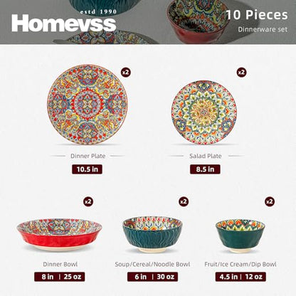 Boho 10 Pieces Dinnerware Sets, Plates and Bowls Set, Porcelain Dishes Set for 2, Microwave and Dishwasher Safe, Scratch Resistant, Bohemian Style Dining Ware, Mixed Colors of Green & Red - color: Mixed 1
