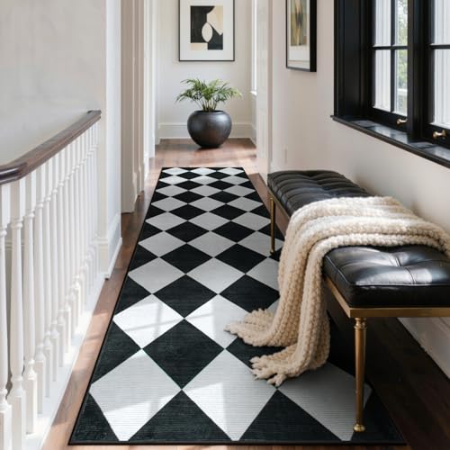 Beeiva Checkered Print Runners for Hallways 2.5x8, Ultra Thin Black Kitchen Runners Non Skid Washable 8 ft, Modern Diamond Stain Resistant Low Pile Carpet for Bathroom Entryway Bedroom Laundry - color: Black/Grey, size: 2.5' x 8' (Rectangular)