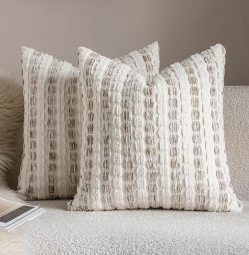Caflife Boho Throw Pillow Covers 20x20 Inch Set of 2, Farmhouse Beige Striped Textured Chenille Decorative Couch Pillow Cases, Modern Rustic Accent Cushion Covers for Sofa Bed Living Room Bedroom - color: Beige, size: 20" x 20" (Pack of 2)