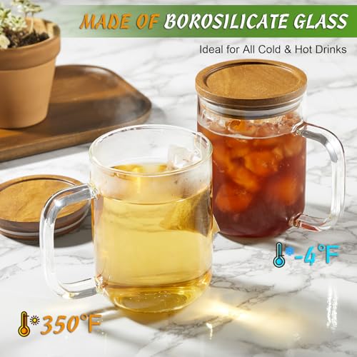 DRASTAR Glass Coffee Mugs, 20 oz Clear Coffee Cups, Coffee Mug with Acacia Wood Lid, Tea Glass Cups with Handles, Large Coffee Mug Set of 2, Glass Coffee Cups for Latte, Espresso, Tea - size: 20 oz