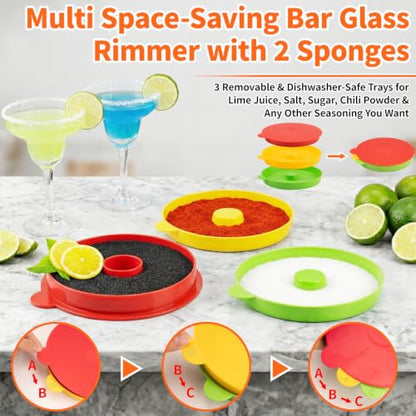 TonJin 3-Tier Margarita Salt Rimmer Set with 2 Sponges: Red Yellow Green Stackable Cocktail Glass Rimmer Holds Lime Juice Salt Sugar, Dishwasher Safe Bar Accessories for Bartenders and Home Bars - size: Stackable Salt Rimmer-RedYellowGreen