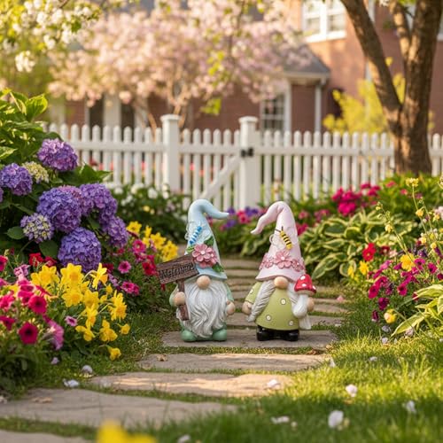 Cute 2 PCS Gnomes Statues Decor, Resin Figurines and Sculpture Décor, for Indoor Outdoor Yard Lawn Garden Home Patio Farmhouse Kitchen Table Decoration(Welcome Sign and Mushroom) - style: Welcome Sign and Mushroom-Holding