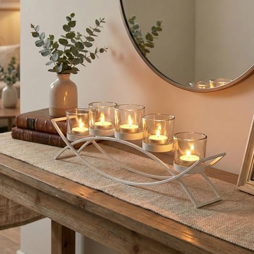 Table Centerpieces for Dining Room, Tealight Candle Holder, White | Wedding Votive Candle Holders, Wrought Iron 5 Cup Candelabra, Long Modern Coffee Table, White, Clear Glass Cups, 17in Long - color: White, size: 5 Cup