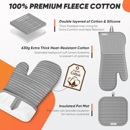 Oven Mitts Kitchen Towels and Dishcloths with Pot Holders Sets, Oven Gloves Hot Pads 500°F Heat Resistant with Silicone Grip, Include 2 Cooking Gloves/2 Potholders/4 Kitchen Towels/4 Dish Towels-Gray - color: Gray