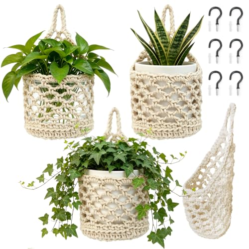 4-Pack 5-Inch Macrame Wall Plant Hangers, Natural Cotton Hanging Planter Baskets for Indoor Plants, Boho-Style Woven Plant Baskets for Walls, Small Hanging Pots for Succulents White - color: White