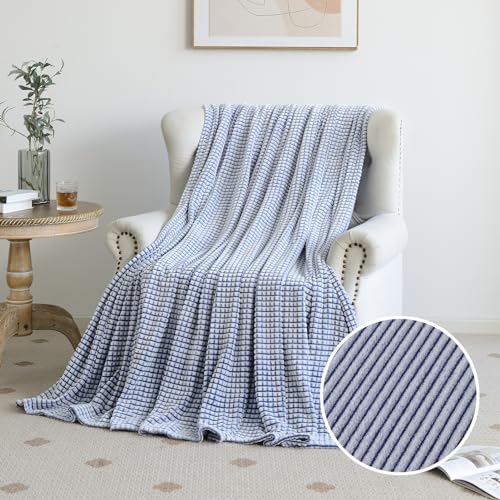 PLEASANT BOULEVARD | Fuzzy Throw Blanket Double-Sided Design Checkered Striped Waffe Lightweight Fleece Blankets for Bed and Couch Décor – Cozy, Soft, Cute for Women, Throw (50" x 60") Navy - color: Navy, size: Throw (50" x 60")