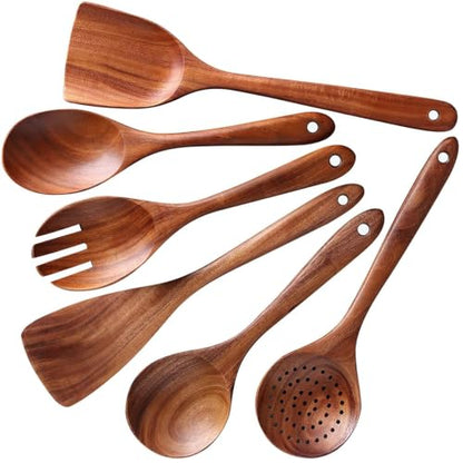 6-Piece Teak Wood Cooking Utensil Set, Wooden Spoons for Cooking | Durable, Non Toxic, Non-Stick, Smooth Finish, Easy to Clean, Comfort Grip, House Warming Gift - style: 6Pcs Set