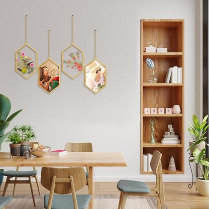 Qunclay 4 Pcs Floating Flower Frame Hanging Pressed Flower Frame DIY Hexagon Glass with Chain Double Floating Picture Geometric Wall Decor for Picture in Home Gallery Gradution