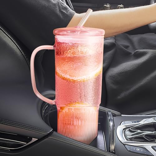 JunVpic Glass Tumbler, 24 oz Glass Cup with Lid, Straw and Handle | Pink glass design, Hammered Texture, reusable straw and lid for iced coffee, tea, smoothies and hot & cold drink - color: Pink, size: 24oz