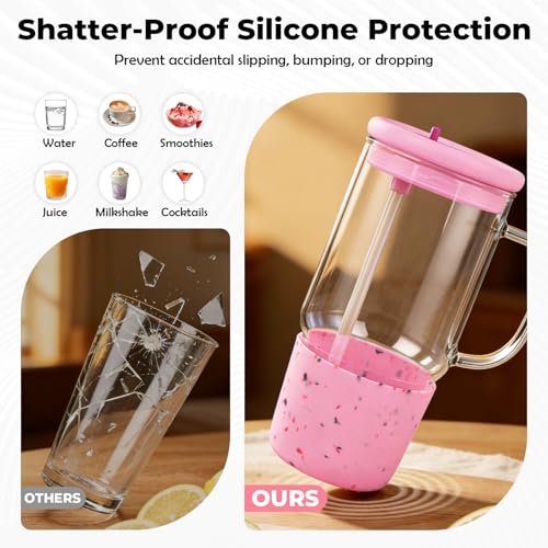 40oz Glass Tumbler with Flip Straw Lid, Handle, Silicone Sleeve, Pink | Leakproof Lid, Fits Car Cup Holder Glass for Iced Coffee, Water, Cold Drinks, Travel, Outdoor, Partys&Home - color: Pink