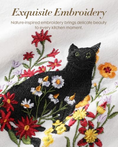 Embroidered Flour Sack Kitchen Towels, Black Cat | Exquisite Embroidery, Pure Cotton, Lightweight, Nostalgic Design, with Hanging Loop, Softer After Wash, Machine Washable - color: Cat in Flower