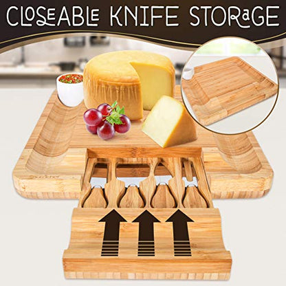 NutriChef Bamboo Natural Cheese Board Set with Bonus Condiment Cup-Extra Large Size 100% Home Organic Wooden Plate and Charcuterie Tray with 4 pcs Cutting Knife Slicer, 13" Square - style: Square