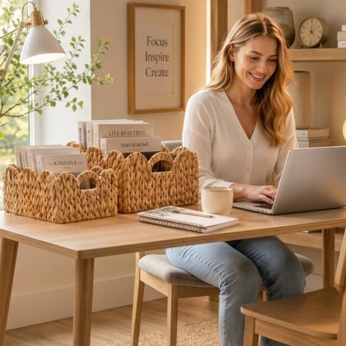 LUSYDECO Set of 2 Scalloped Edge Wicker Storage Basket with Built-in Handles, Rectangle Water Hyacinth Basket for Organizing, Decorative Woven Rattan Basket for Shelf, Nursery Room