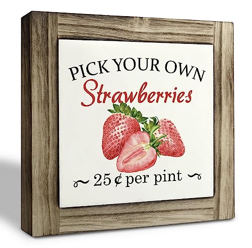 Strawberries Wood Plaque Sign, Pick Your Own Strawberries, Box Wood Plaques Desk Décor, Decorative Wooden Table Sign, Rustic Kitchen Sign for Shelf, Farmhouse Home Summer Decor, Decor for Home Bar - color: Summer Sign 09