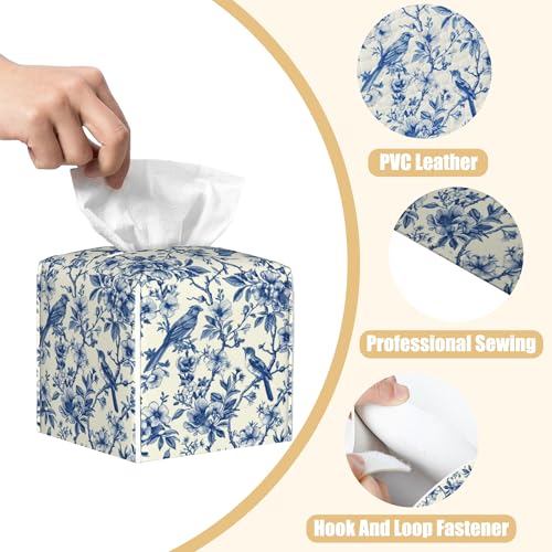 Bird on Blooming Branches Tissue Box Cover Square, Blue Flower Tissue Box Holder with Bottom Belt Leather Facial Paper Organizer Dispenser for Bathroom Bedroom Dresser Night Stand Tabletop - color: Bird on Blooming Branches
