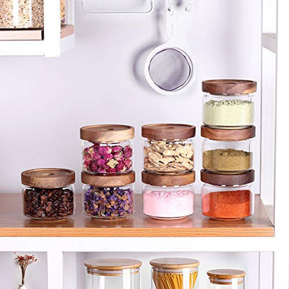 Tzerotone 8 Pcs Spice Containers - 8.5oz Glass Spice Jars With Acacia Airtight Lid and Labels - Stackable Empty Round Spice Bottles for kitchen Seasoning, coffee bean, tea, suger, herbs - color: clear