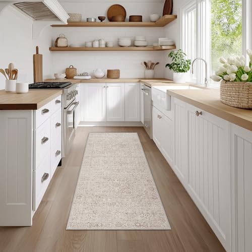 FMFUNCTEX 3x7 Hallway Runner Rug Washable Beige Neutral Oriental Distressed | Cream Vintage Pattern Soft Non Slip Low Pile Thin Indoor Throw Carpet Entryway Entry Kitchen Bedroom Bathroom Laundry Bedside - color: Beige, size: 3' x 7' (Rectangular)