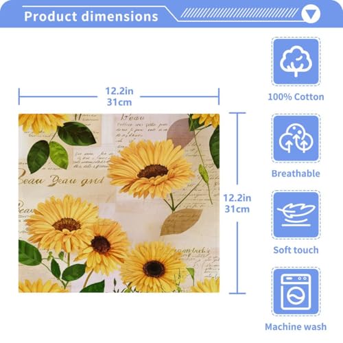 Sunflower Washcloths Set of 2, Highly Absorbent Soft Cotton Fingertip Towels for Bathroom, Kitchen, Gym, Spa, Home Decor 12 x 12 Inch