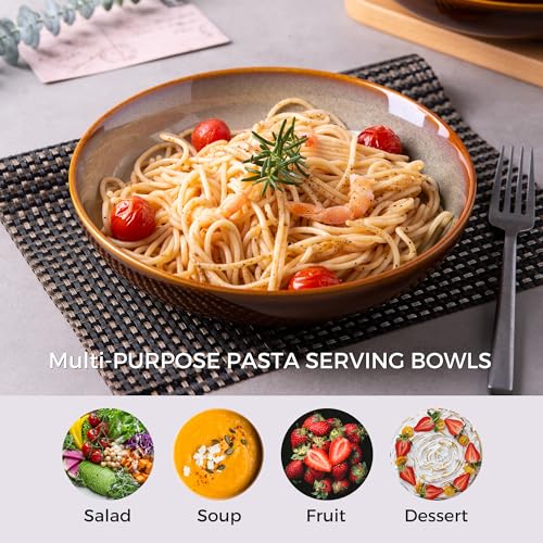 LERATIO 9.0" Ceramic Pasta Bowls Set of 6,38oz Large Stoneware Bowls Set | Reactive Glaze Serving Bowls Set,Wide Bowl for Pasta,Salad,Fruit & Noodles,Housewarming & Wedding Gift-Khaki - color: Khaki, size: Set of 6