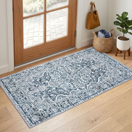 KUTA Entryway Rugs Indoor Vintage Floral Washable Small Area Rug 2x4 Blue | Non-Slip, Non-Shedding, Low Pile, Easy Clean Throw Rug for Entrance, Front Door, Bathroom, Bedside, Laundry, Small Spaces - color: Blue Floral, size: 2' x 4' (Rectangular)