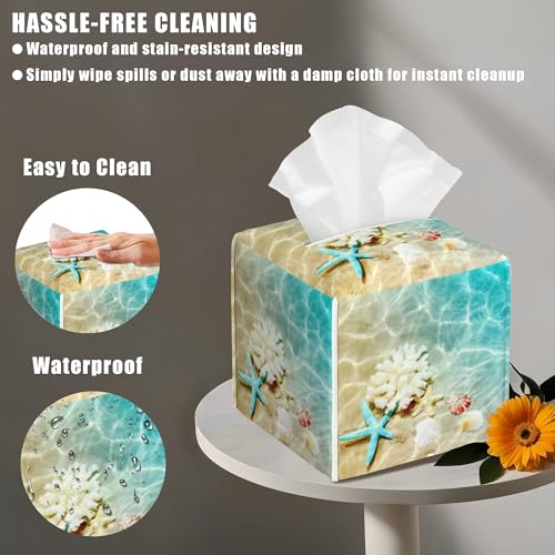 Summer Beach Leather Tissue Box Holder Starfish and Seashell Tissue Box Cover Facial Paper Case Organizer Cube Napkin Dispenser for Bathroom Vanity Countertop Night Stand Office Car - color: Starfish and Seashell