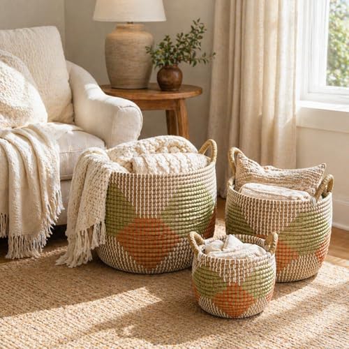Set of 3 Handwoven Seagrass Storage Baskets with Handles, Decorative Round Wicker Basket Set for Blankets, Toys, Towels, Nursery, Living Room & Bedroom