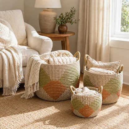 Set of 3 Handwoven Seagrass Storage Baskets with Handles, Decorative Round Wicker Basket Set for Blankets, Toys, Towels, Nursery, Living Room & Bedroom