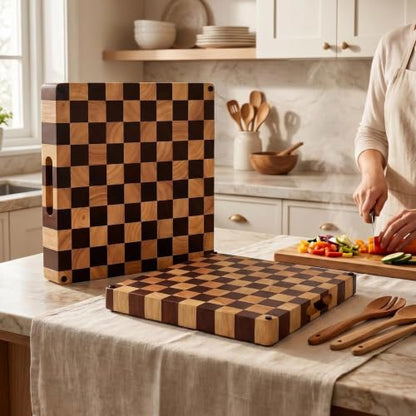 Checkered End Grain Butcher Block Cutting Board | 13" x 13" x 1.5" Thick | Acacia & Rubber Wood | Reversible | Heavy Duty Food Prep & Serving - color: Checkered Square