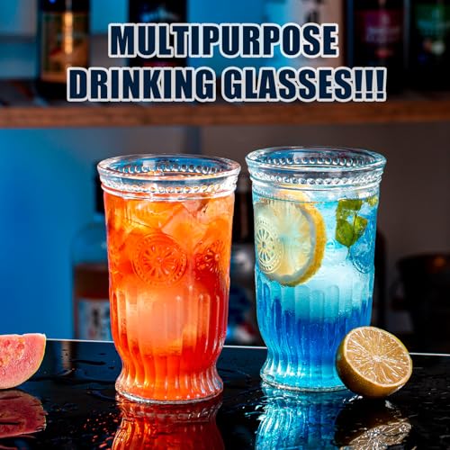 Vintage Drinking Glasses, 8 pcs Embossed Designed Highball Glasses, 16oz Glass Cups, Tall Water Glass Tumbler, Mojito Cup, Cocktail Glass, Vintage Glassware Set for Juice, Cocktail, Whiskey
