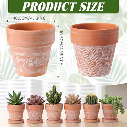 Set of 6 Embossed Succulent Pots 4" Small Terracotta Pots with Drainage Hole Saucer Mini Rustic Clay Succulent Planter Pot Decorative Ceramic Cactu Flower Pot for Indoor Outdoor(Lattice Leaf) - size: 4 Inch, style: Lattice and Leaf