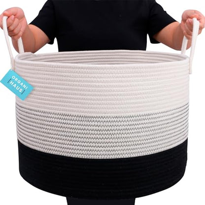 OrganiHaus Round Toy Basket & Blanket Basket, Cotton Rope 20x13" | 3-Toned Black - Round Cotton Rope Basket, 20x13" - color: 3-toned Black, size: Wide