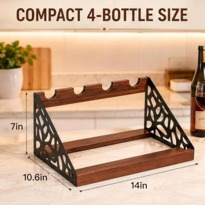 Countertop Wine Rack Display, Wine Bottle Holder, Wood Metal Combination Wine Storage Stand, Hollow Cutout Side Frame Tabletop Wine Organizer Holds 4 Bottles for Kitchen Bar Cabinet